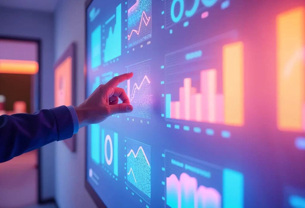 Mão de uma pessoa apontando para um painel digital com gráficos de barras e linhas em tons de azul e laranja, exibidos em uma tela grande de análise de dados