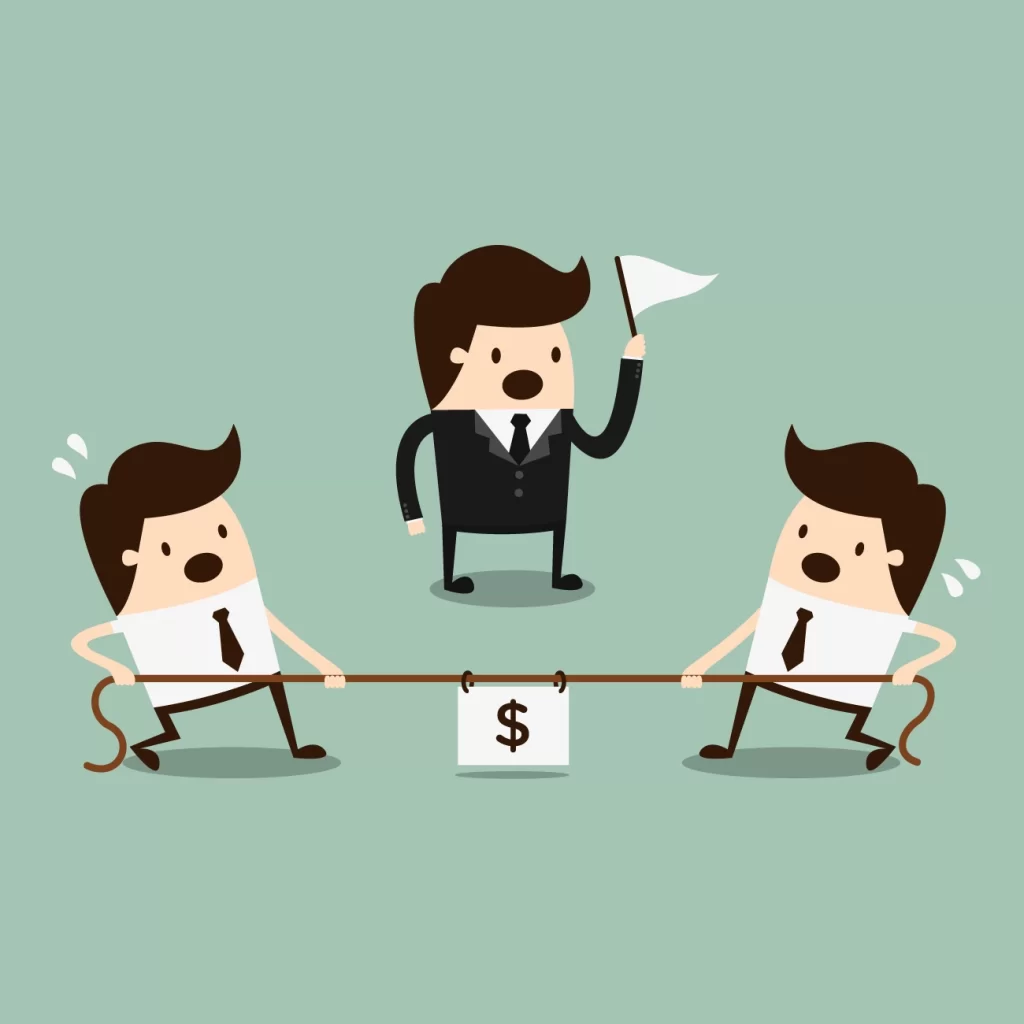 Ilustração mostra dois empresários puxando uma corda com um símbolo de dinheiro, enquanto um terceiro segura uma bandeira branca ao centro, representando concorrência indireta