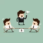 Ilustração mostra dois empresários puxando uma corda com um símbolo de dinheiro, enquanto um terceiro segura uma bandeira branca ao centro, representando concorrência indireta