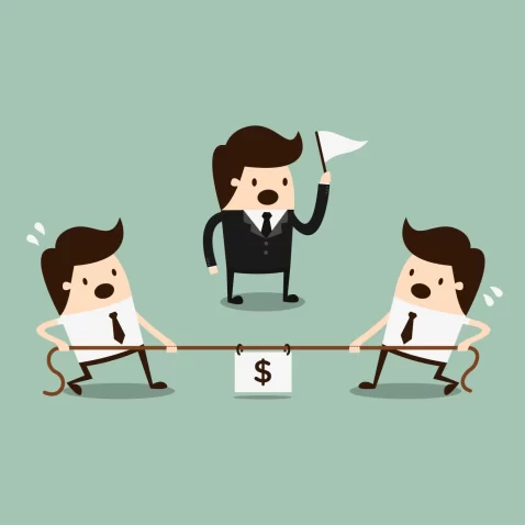 Ilustração mostra dois empresários puxando uma corda com um símbolo de dinheiro, enquanto um terceiro segura uma bandeira branca ao centro, representando concorrência indireta