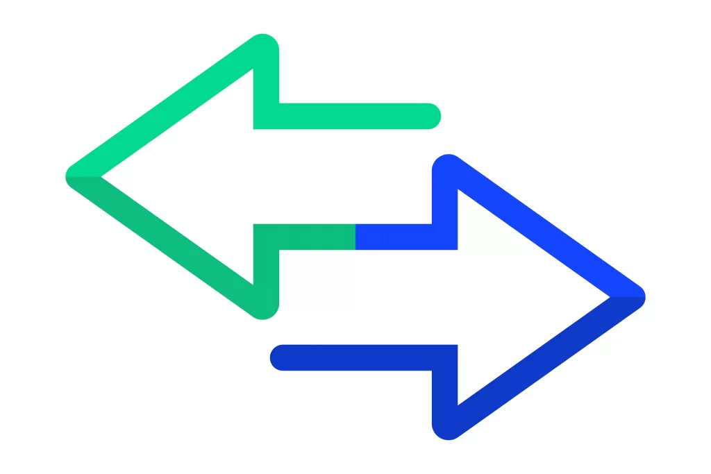 Ícone com duas setas opostas, uma verde e outra azul, simbolizando caminhos diferentes e concorrência indireta no mercado