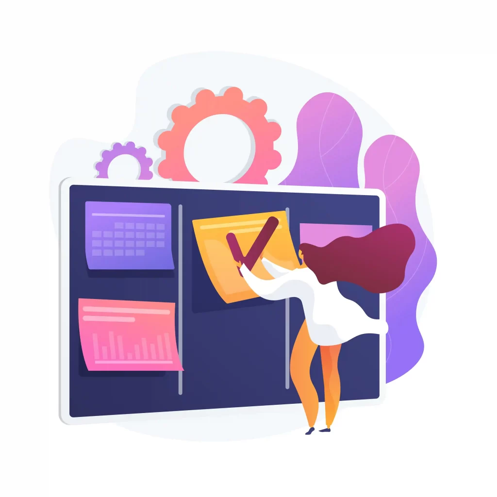 Ilustração de uma pessoa ajustando um checklist em um painel digital com gráficos e cartões de desempenho