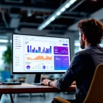 Homem sentado em uma cadeira, de costas para a câmera, usando um computador em um escritório moderno