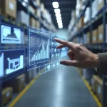 Mão apontando para painéis digitais com gráficos de crescimento em um corredor de estoque com prateleiras cheias de caixas