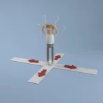 Ilustração em 3D de um personagem confuso em um cruzamento, com quatro setas vermelhas apontando para direções diferentes no chão
