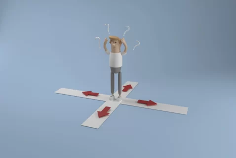Ilustração em 3D de um personagem confuso em um cruzamento, com quatro setas vermelhas apontando para direções diferentes no chão