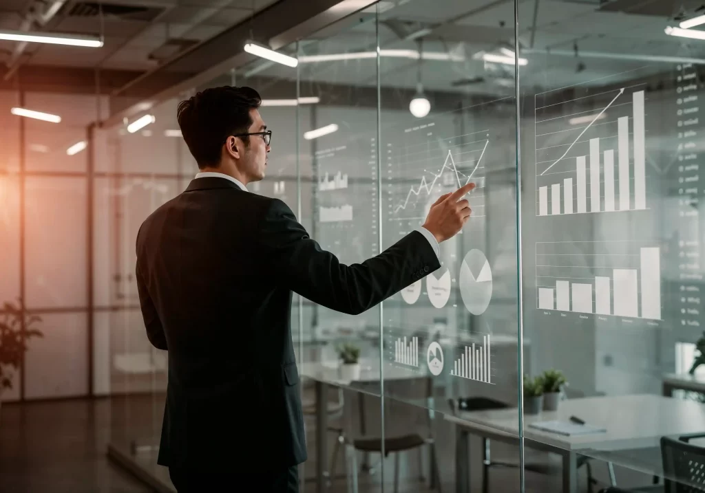 Homem de terno em um escritório aponta para gráficos de barras e linhas projetados em um painel de vidro, analisando dados de desempenho e crescimento