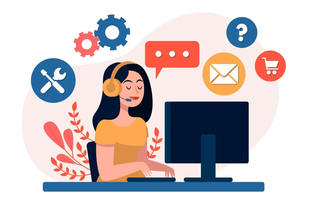 Ilustração de uma atendente de e-commerce usando headset em frente ao computador, cercada por ícones de mensagem, engrenagens e carrinho de compras, representando comunicação e suporte ao cliente no pós-Carnaval