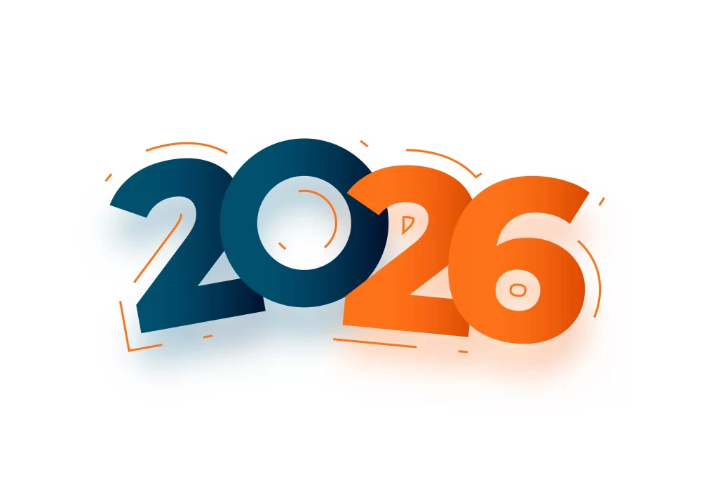 Ilustração com o número “2026” em destaque, em cores azul e laranja, sobre fundo branco, representando o início de um novo ano e novos ciclos de planejamento