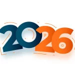Ilustração com o número “2026” em destaque, em cores azul e laranja, sobre fundo branco, representando o início de um novo ano e novos ciclos de planejamento