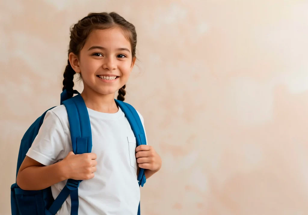 Menina sorridente com cabelos presos em duas tranças, vestindo camiseta branca e mochila azul nas costas