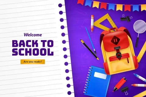 Materiais escolares e mochila representando oportunidades de vendas na volta às aulas