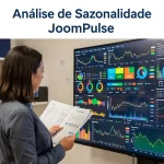 Mulher analisando relatórios enquanto observa um painel digital com gráficos coloridos de vendas e desempenho exibidos em uma tela grande