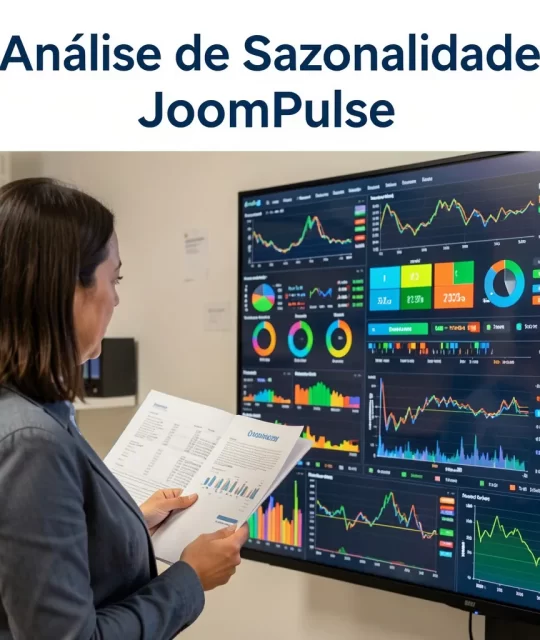 Mulher analisando relatórios enquanto observa um painel digital com gráficos coloridos de vendas e desempenho exibidos em uma tela grande