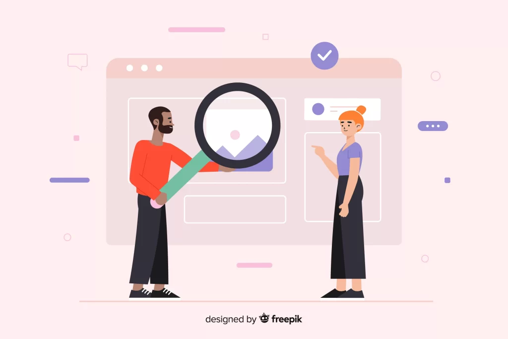 Ilustração de duas pessoas analisando produtos em uma interface digital, com uma lupa ampliando imagens