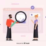 Ilustração de duas pessoas analisando produtos em uma interface digital, com uma lupa ampliando imagens