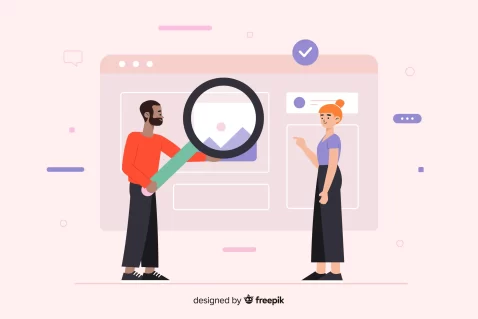 Ilustração de duas pessoas analisando produtos em uma interface digital, com uma lupa ampliando imagens