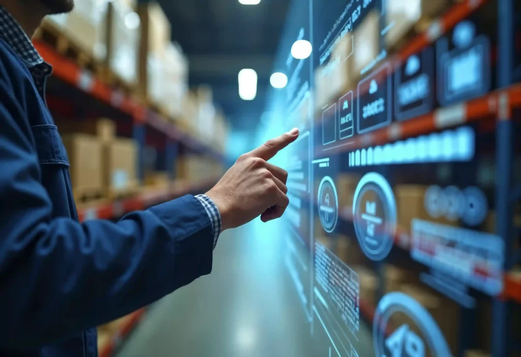 Pessoa em um centro de distribuição apontando para um painel digital com dados e indicadores, simbolizando a transformação de catálogos de fornecedores em uma tabela única e pesquisável