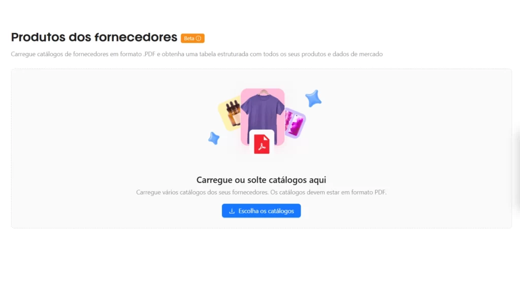 Print de tela da JoomPulse mostrando como adicionar PDF de catálogo de fornecedores na plataforma
