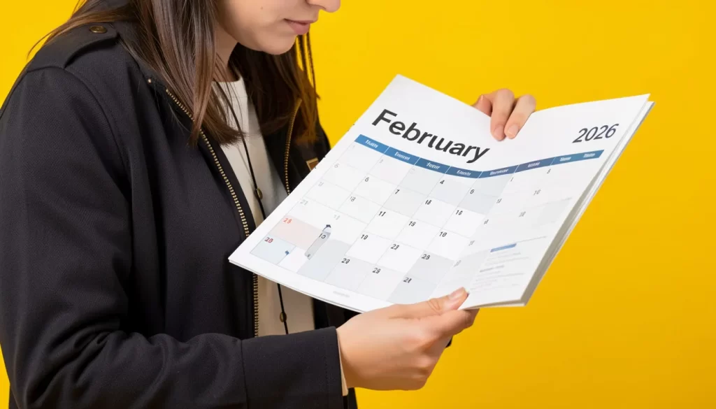 Mulher segurando calendário aberto em fevereiro de 2026 sobre fundo amarelo, representando planejamento e comportamento consumidor no início do ano