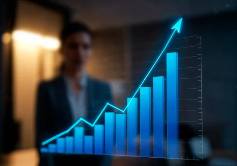 Gráfico azul que demonstra crescimento do varejo 2025 com imagem ao fundo de homem desfocado