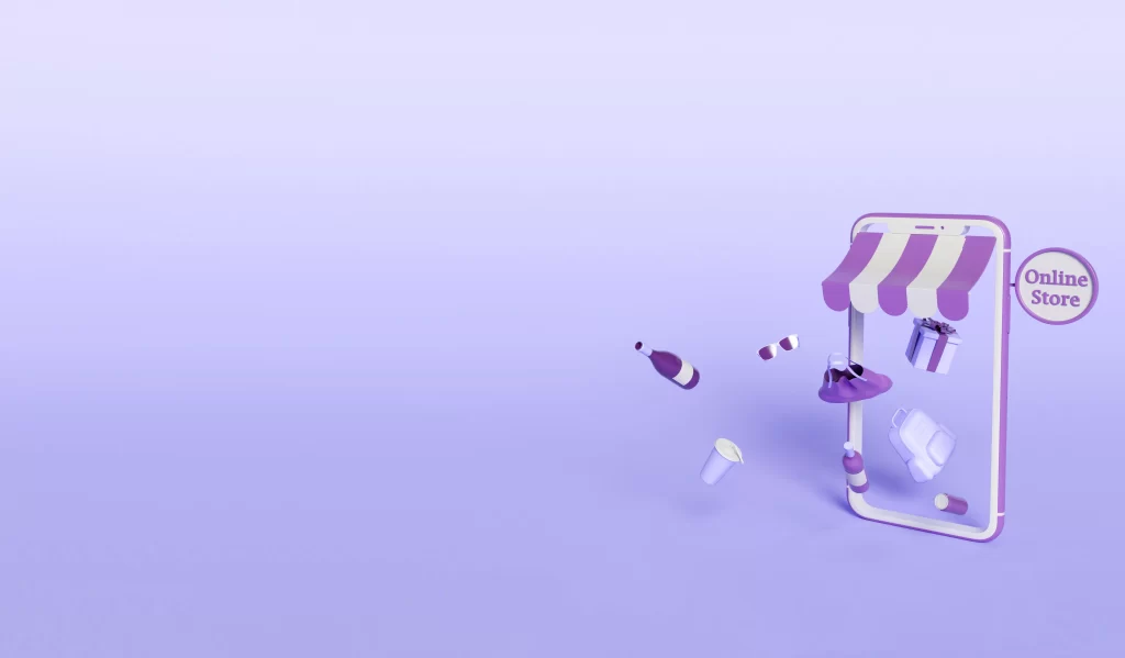 Ilustração de um celular com uma lona na parte superior, imitando uma loja física em fundo lilás