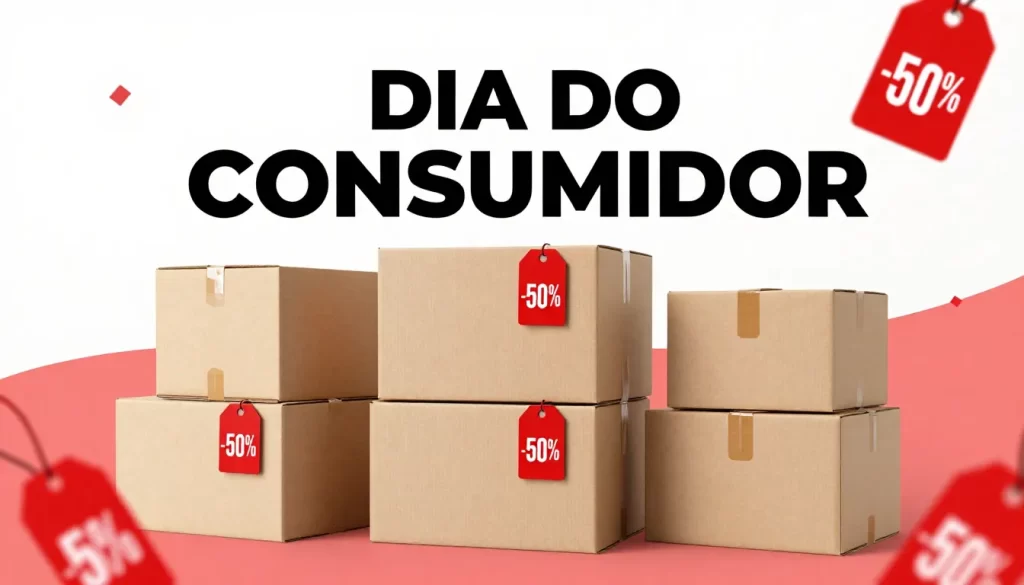 Caixas de envio com etiquetas de desconto de 50% sob o título Dia do Consumidor, simbolizando promoções e estratégia de vendas no marketplace
