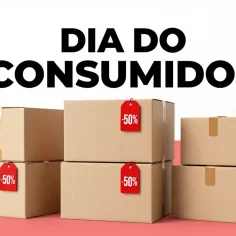 Caixas de envio com etiquetas de desconto de 50% sob o título Dia do Consumidor, simbolizando promoções e estratégia de vendas no marketplace