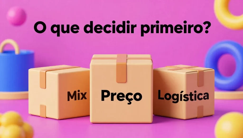 Ilustração com três caixas escritas Mix, Preço e Logística, representando decisões estratégicas antes do Dia do Consumidor 2026