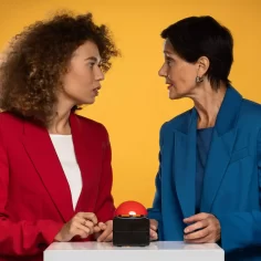 Duas mulheres em fundo amarelo analisando botão vermelho sobre mesa, simbolizando tomada de decisão estratégica na estratégia de preços Mercado Livre