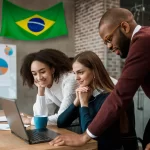 Equipe analisando dados em notebook com bandeira do Brasil ao fundo, representando crescimento do marketplace no Brasil em 2026