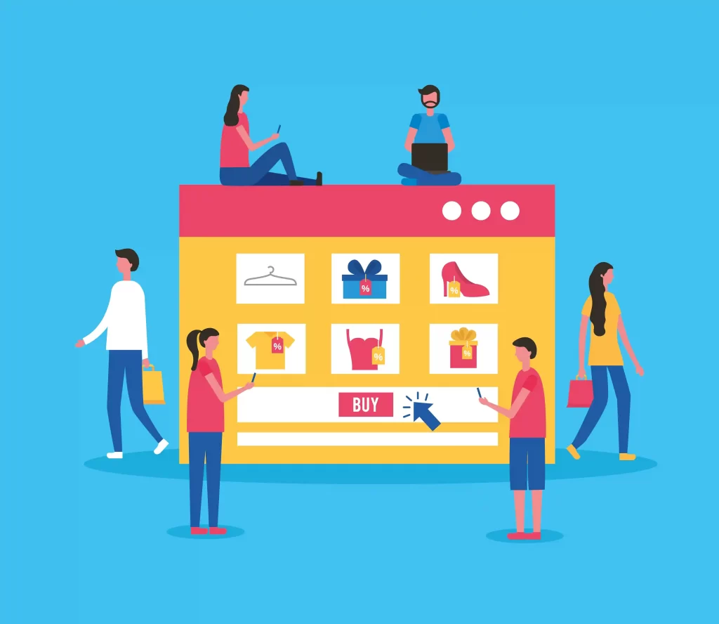 Ilustração de pessoas navegando em vitrine online com diferentes categorias, representando estratégia de mix de produto e-commerce