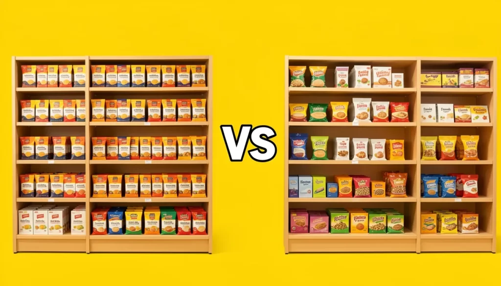 Prateleiras comparativas com variedade de itens, simbolizando decisões sobre mix de produto e-commerce