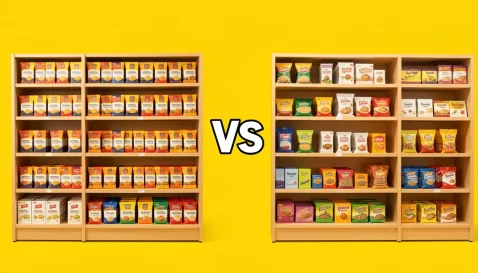 Prateleiras comparativas com variedade de itens, simbolizando decisões sobre mix de produto e-commerce