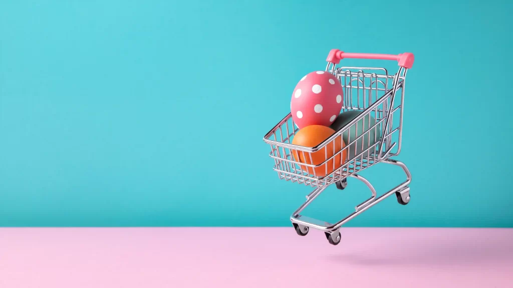 Carrinho de compras em miniatura com ovos coloridos sobre fundo azul e rosa