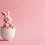 Coelho de pelúcia rosa dentro de casca de ovo branca sobre fundo rosa, representando ideias sobre o que vender na Páscoa além de chocolate