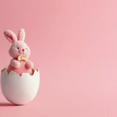 Coelho de pelúcia rosa dentro de casca de ovo branca sobre fundo rosa, representando ideias sobre o que vender na Páscoa além de chocolate