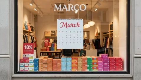 Vitrine de loja com calendário de março exposto e produtos organizados, simbolizando planejamento estratégico para o mês no e-commerce