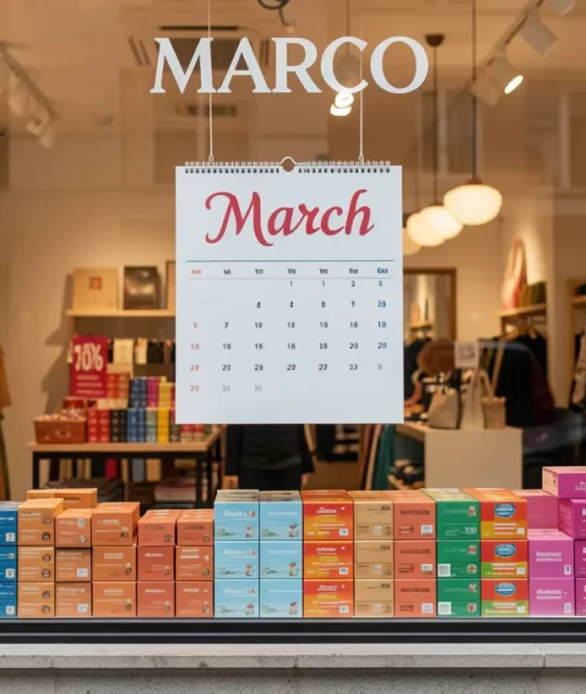 Vitrine de loja com calendário de março exposto e produtos organizados, simbolizando planejamento estratégico para o mês no e-commerce