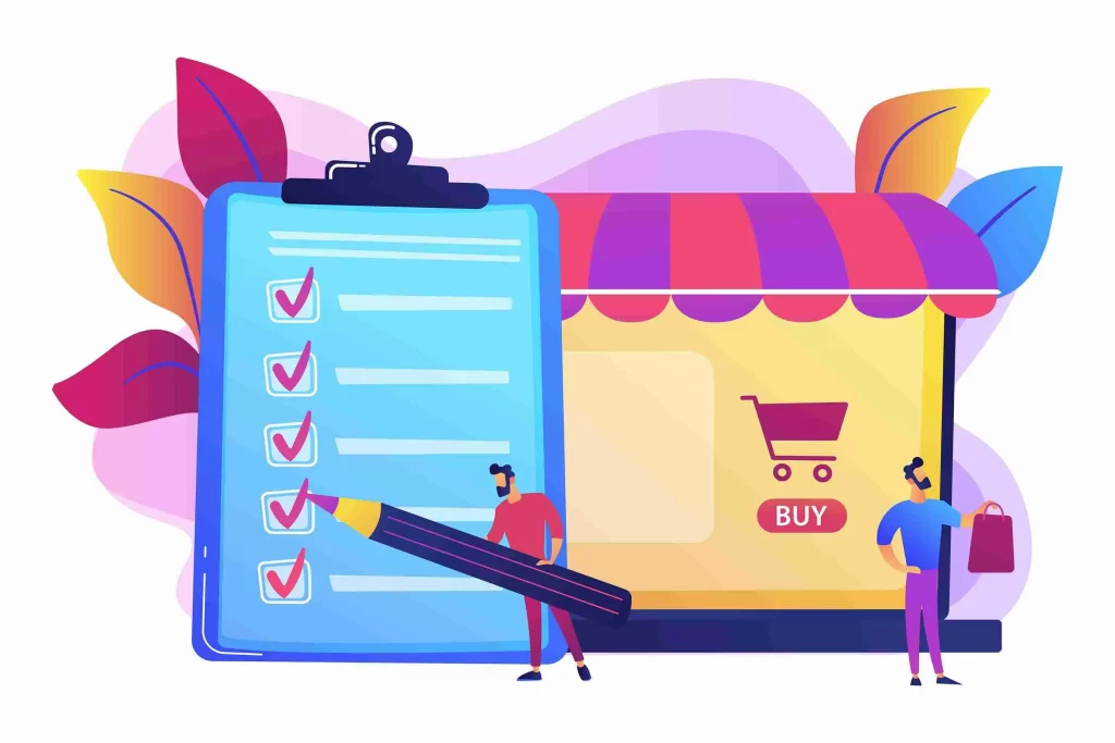 Ilustração de checklist com marcações ao lado de loja virtual e carrinho de compras, representando análise antes de investir em produto viral e-commerce