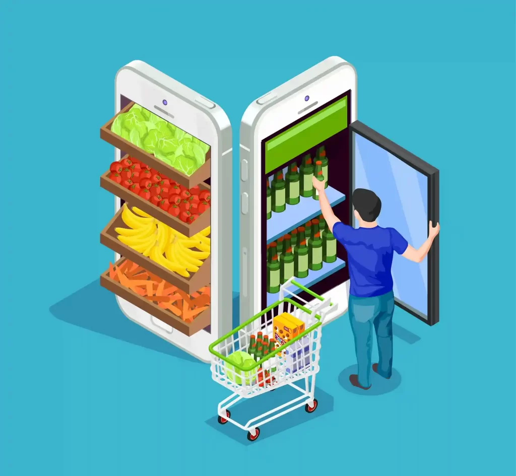 Ilustração de um supermercado online representado por dois celulares gigantes: em um aparecem prateleiras com frutas e verduras e no outro um homem pega produtos de uma geladeira virtual, com um carrinho de compras à frente