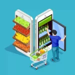 Ilustração de um supermercado online representado por dois celulares gigantes: em um aparecem prateleiras com frutas e verduras e no outro um homem pega produtos de uma geladeira virtual, com um carrinho de compras à frente