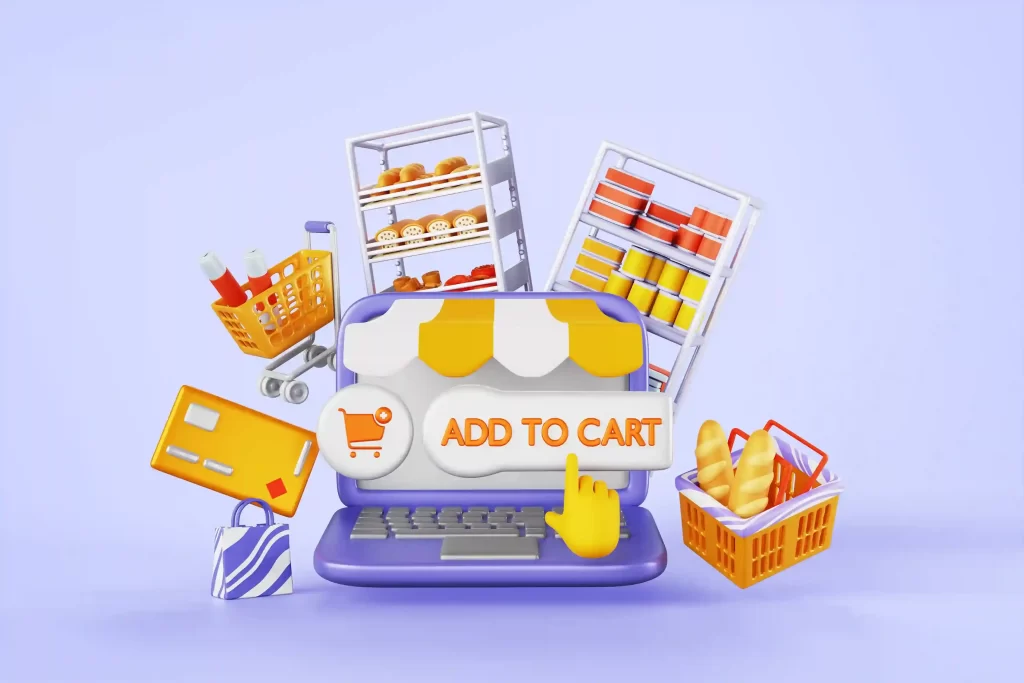 Ilustração 3D de um notebook com botão “Add to Cart”, cercado por carrinhos, prateleiras de supermercado e cestas com produtos, simbolizando a concorrência no supermercado online