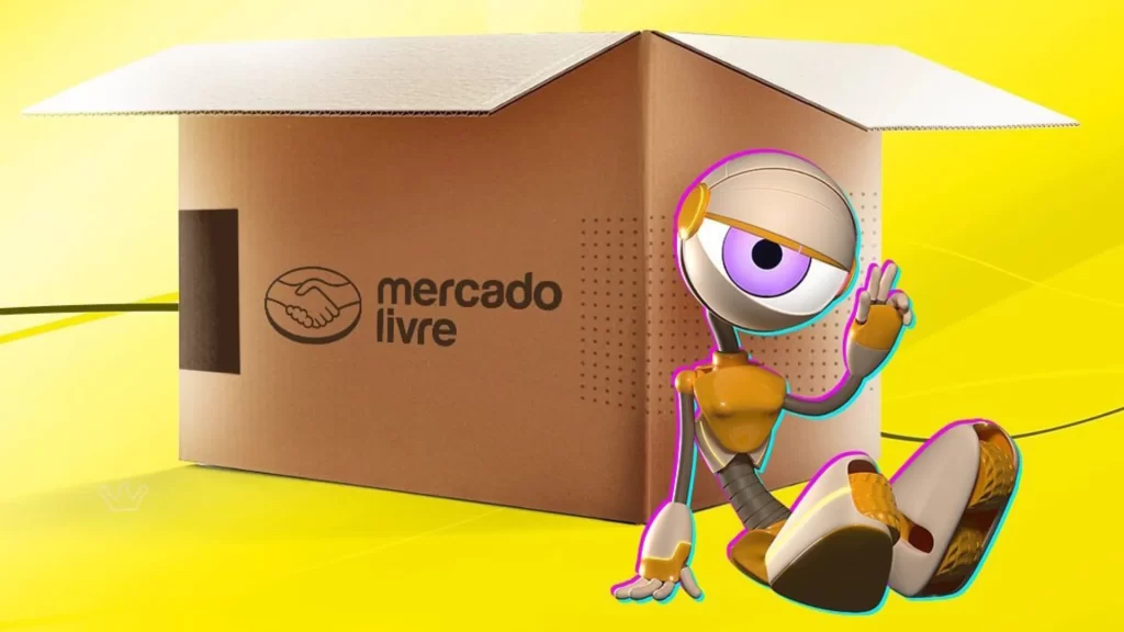 Caixa com logotipo do Mercado Livre ao lado de personagem estilizado em fundo amarelo, simbolizando tendências de consumo BBB impactando vendas no marketplace