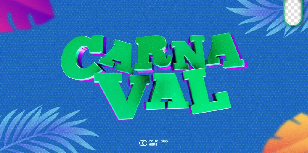 Capa ilustrada com o texto “Carnaval” em letras grandes e coloridas sobre fundo azul, com elementos gráficos tropicais ao redor