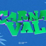 Capa ilustrada com o texto “Carnaval” em letras grandes e coloridas sobre fundo azul, com elementos gráficos tropicais ao redor