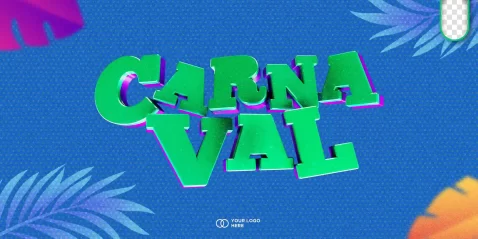 Capa ilustrada com o texto “Carnaval” em letras grandes e coloridas sobre fundo azul, com elementos gráficos tropicais ao redor