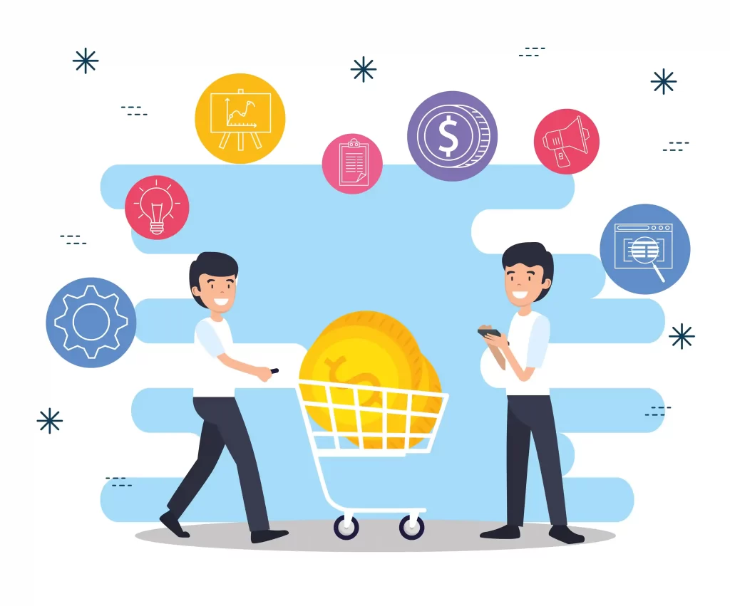 Ilustração de carrinho com moeda e ícones de análise representando sinais do mercado e dados estratégicos no e-commerce