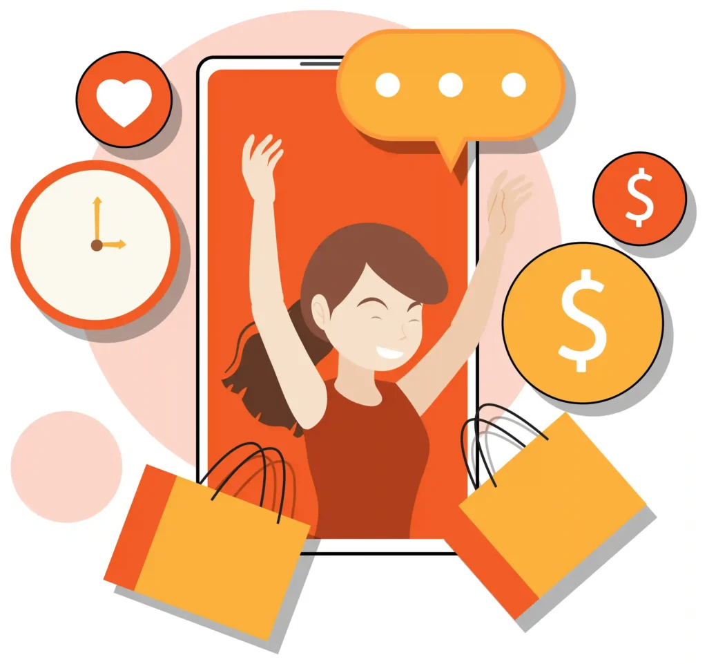 Ilustração de consumidora fazendo compras online pelo celular com sacolas e ícones de preço, tempo e interação