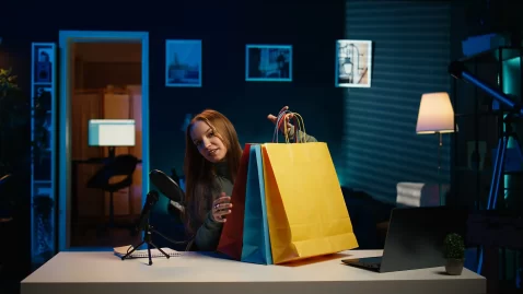 Criadora de conteúdo mostrando sacolas de compras durante transmissão online com computador e microfone, representando o comportamento de compras online à noite
